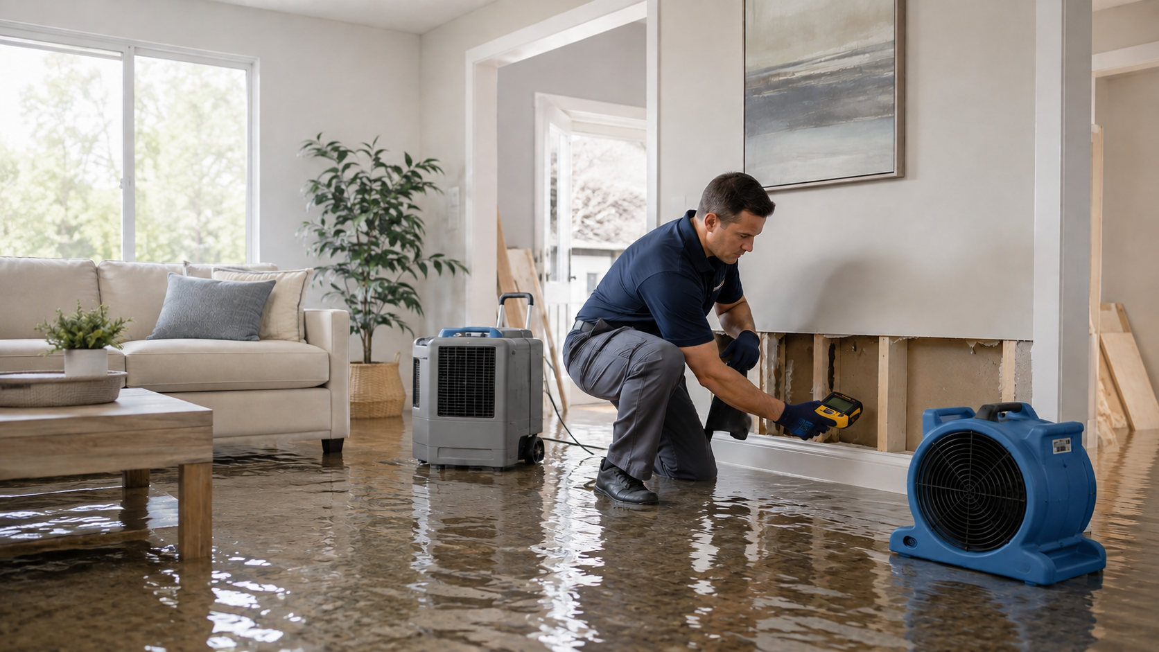 Room with a leaking ceiling, water-stained walls, standing water, and drying equipment